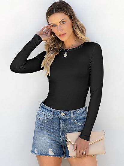 Women Long Sleeve Shirts Rib Knit Slim Fit Tops Basic Tee 2025 Fall Outfits Casual T-Shirt Underscrubs Layer Clothes